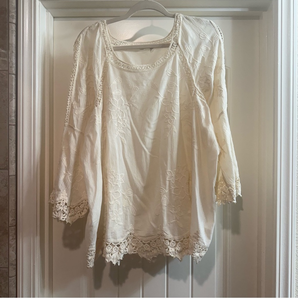 Soft Surroundings Ivory Floral Embroidered Blouse 2XL